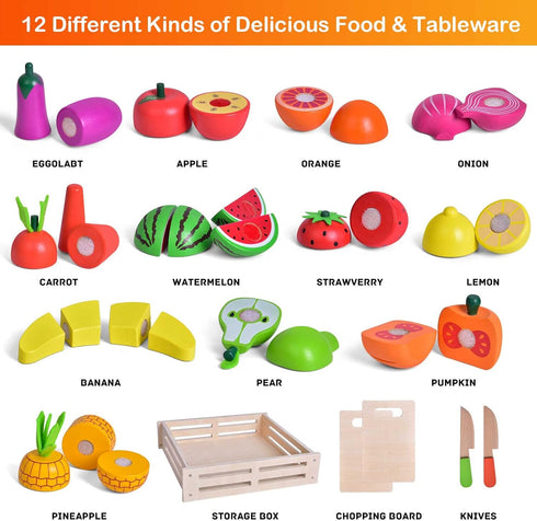 35PCS FUN LITTLE TOYS Wooden Play Food for Kids Kitchen, Pretend Cutting Food Toys with Wooden Tray, Dishes and Knife