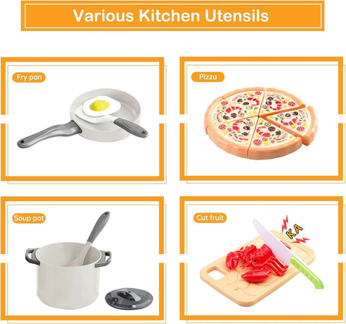Funpynani 80Pcs Playset, Kitchen Toddler Pretend Cooking with Pots, Pans, Cookware, Food, Picnic Blanket, Fruits