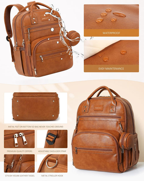 Backpack 20 15.6" ROSEGIN Premium Vegan Leather Diaper Bag with Waterproof Changing Pad, Reinforced Zippers