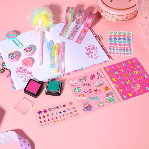 YOYTOO Set 5 6 7 8 9 10 Cat Diary for Girls with Lock, Cat Stationery with Secret Diary, Stamps, Pens, Journal Notebook