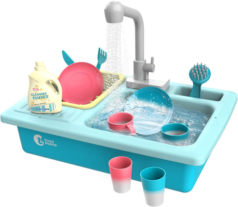 CUTE STONE Color Changing Kitchen Sink Toys, Electric Dishwasher Playing Toy with Running Water, Upgraded Faucet System