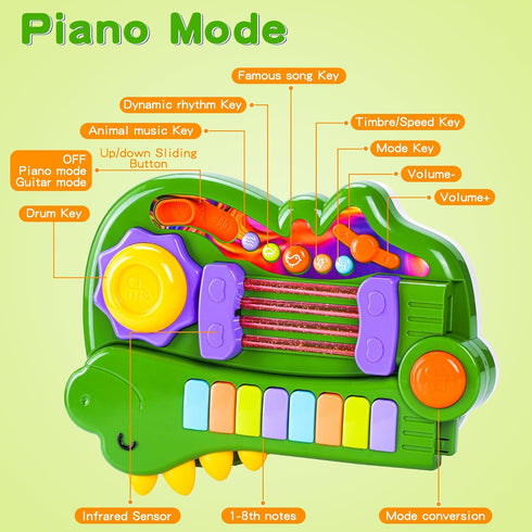 2-in-1 3 4 5 Dinosaur Kids Guitar Musical Instruments for Year Old Boys Girls Gifts, Toddler Electric Guitar Piano Toy