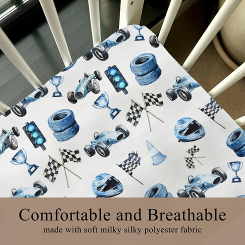 Wicbfdfv 28x52 Inch Cute Race Car Flag Baby Crib Sheets for Boy Girl Breathable Blue Races Vehicle Trophy Traffic Light
