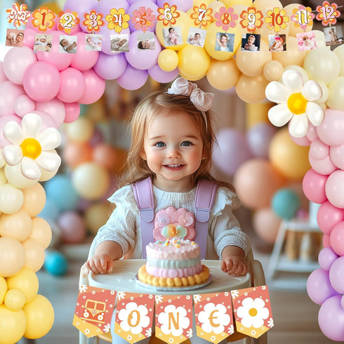 Hombae Groovy One Birthday Decorations, Hippie Daisy First Party Decor, Boho Themed Backdrop Balloon Monthly Photo