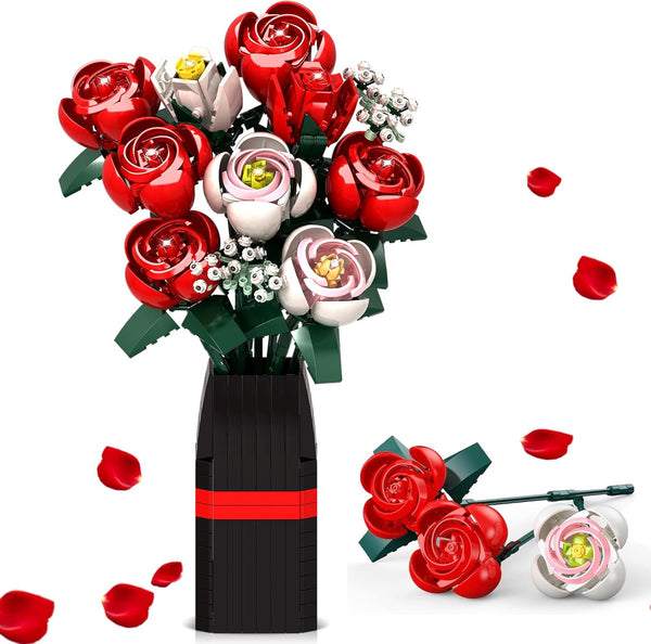EXCOUP Flower Bouquet Building Set, Artificial Roses Toy Building Set with Vase, Building