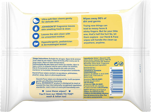 Johnson's Hand & Face Baby Wipes, 25 Count, Pack of 6