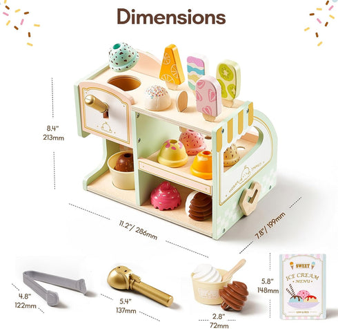 Set, 3+, Giant bean Wooden Ice Cream Play with Drop-Down Dispenser, Play Kitchen Accessories with Cones, Popsicles