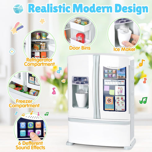 Set 3+, Refrigerator Toy Fridge with Ice Dispenser, Kids Pretend Play Kitchen Accessories with Toy Food Drink Bottles