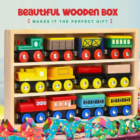 Set 12 Set 3 Sets Play22 Wooden Train PCS - Train Toys Magnetic Includes Engines - Toy Train For Kids Toddler Boys