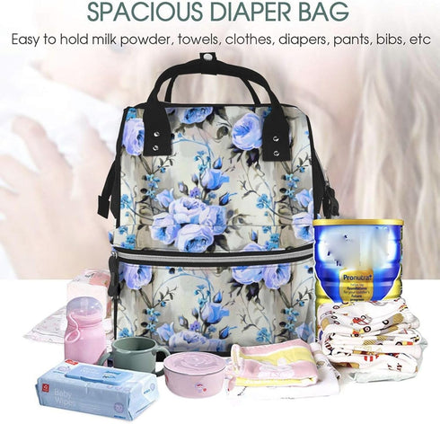 FSQDJLU Backpack Blue and Periwinkle Floral Diaper Bag for Women, Large Capacity Waterproof Travel Bag with Stroller