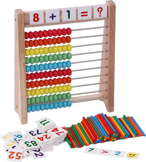 Wooden Abacus for Kids Math, 100 Counting Sticks & Number Cards 1-100, Educational Math Games for Preschool Learning