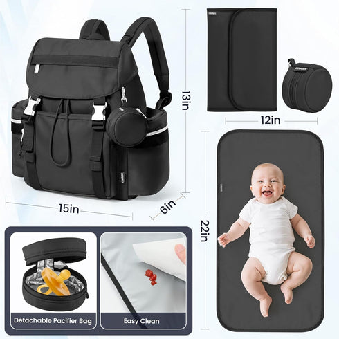 COOLREX Backpack 14L) Diaper Bag with Changing Pad, Pacifier Case & Stroller Straps (Black