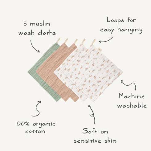 5-Pack mushie Muslin Organic Cotton Washcloths (Pastel Blooms Combo) | Soft Wipes for Baby Cleanups and Bathing