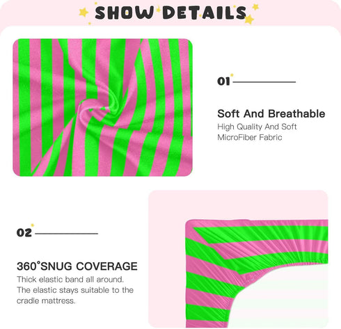 Pigsaly 27x39 Inch Crib Sheets Hot Pink Green Stripe Baby Sheet for Standard Crib Mattress Boys Girls Toddler Bed