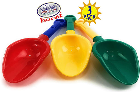 Matty's Toy Stop 10.5" Kids Multi-Color Sand Scoop Plastic Shovels for Beach (3 Pack: Red/Blue, Yellow/Green,