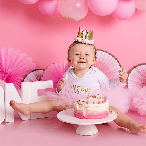 Baby Birthday Crown, Princess Tiara Girls Party Hat with Gold Glitter and Pink Roses for Decorations