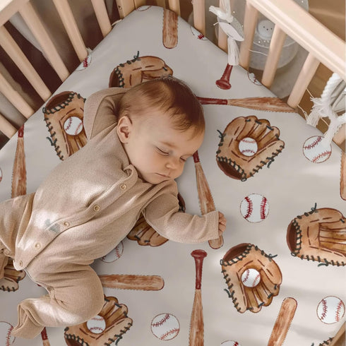 KuphiL10C Mattress-28x52 Watercolor Baseball Gloves Pattern Baby Sheets for Crib, Unisex Sport Theme Nursery Fitted Bed