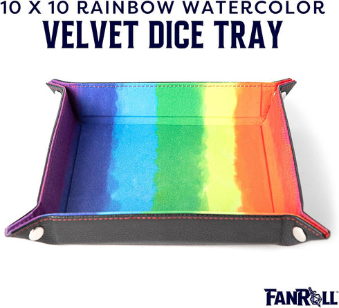 FanRoll Fold Up Velvet Dice Tray - Watercolor Rainbow with PU Leather Backing for Dungeons and Dragons