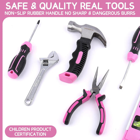 22-Piece Set 8+ URASISTO Kids Tool with Storage Bag, Pink Junior Real Hand Tool Kit for Boys & Girls, Age