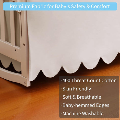 100% 28"x 52" 14" 4-Sided Cotton Scallop Edge Crib Bed Skirt, with Drop, Soft Breathable Cotton Bedding Skirt for Baby