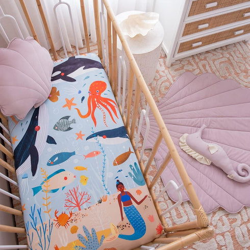100% (52 28 inches) Rookie Humans Cotton Sateen Fitted Crib Sheet: Beyond The Reef. Modern Nursery, Use as a Photo