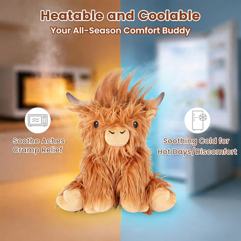 SuzziPals Heatable & Coolable Highland Cow Weighted Stuffed Animals, Microwavable Stuffed Animals Heating Pad