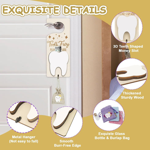Tooth Fairy Tooth Holder, Tooth Fairy Door Hanger with Money Slot, Keepsake Bottle & Burlap Pouch for Lost Teeth Milk