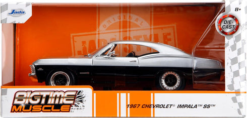1:24 1967 Jada Toys Bigtime Muscle Chevrolet Impala SS Opening Doors, Hood, Trunk, Rubber Tires(Candy Silver/Black)