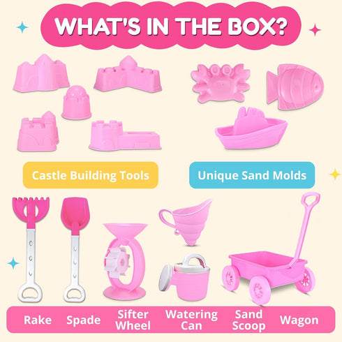 14 Playset Liberty Imports PCS Pink Princess Beach Wagon Plastic Toy for Kids with Castle Molds, Sand Wheel, Water