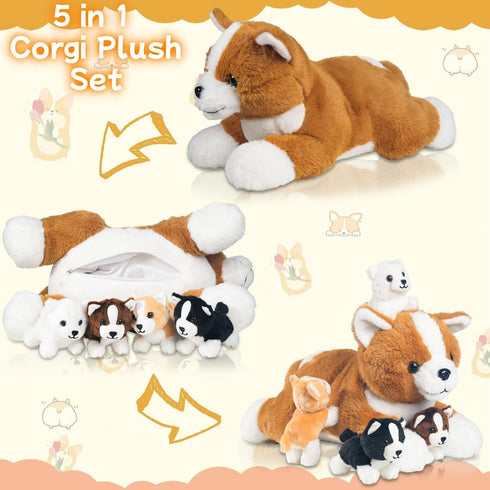 5 16" Mommy 4 Pieces Corgi Dog Stuffed Animal with Babies Puppies Inside Stuffed Corgi Dog Plush Toy with Baby Puppy