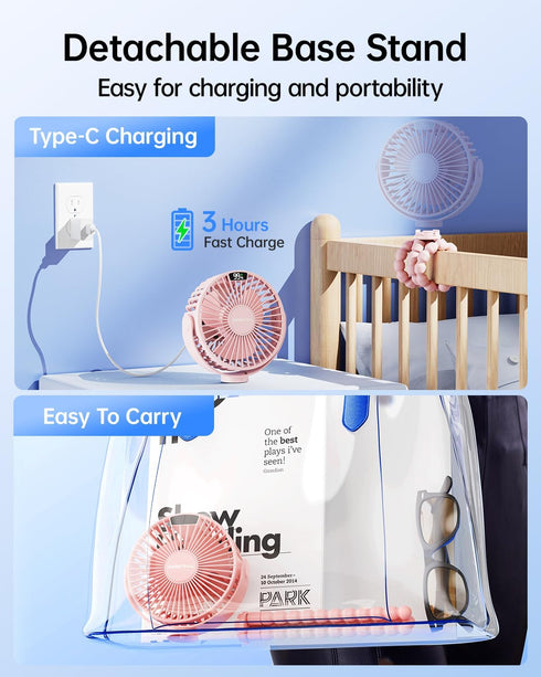 4 360 SWEETFULL Portable Stroller Fan with LED Display, Speed Rechargeable Mini Clip On Fan, Rotate Flexible Tripod