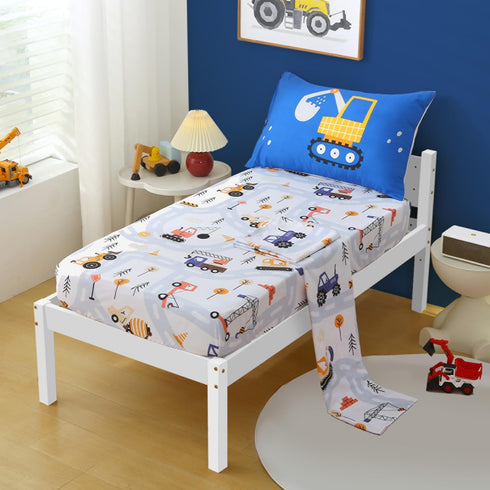Set 4 Set Blue Cartoon Car Construction Toddler Bedding for Boys, Piece Reversible Truck Lightweight Toddler Comforter
