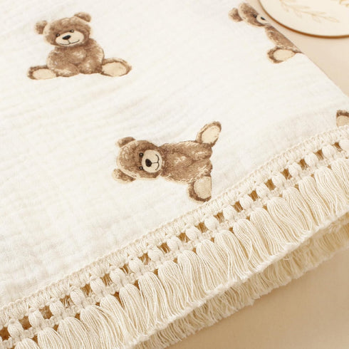 47" x40" Little Jump Cotton Muslin Swaddle Blankets with Tassel, Boho Bohimia Muslin Baby Blanket Neutral with Fringe