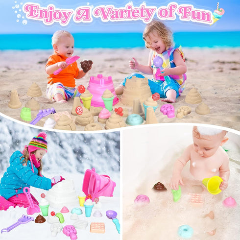 Collapsible Beach Toys Set for Kids, Sand Bucket and Shovels with Mesh Bag & Molds, Ice Cream Travel Toys
