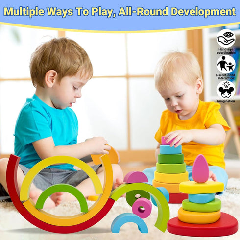 MEGRANATE Grimms 3+ Montessori Wooden Rainbow Stacking Toys for Baby Wood Building Blocks Nesting Puzzle Toy Colorful