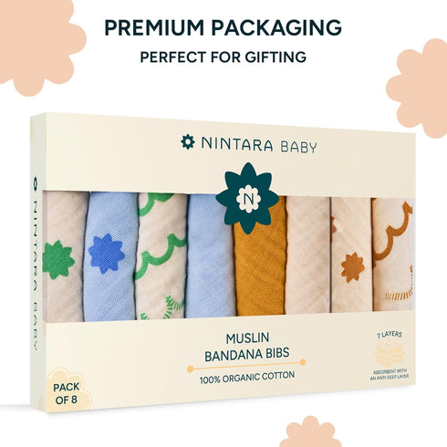 100% 6-Layers 0-3, Pack 8 Bandana Bibs - Organic Premium Muslin Cotton, Absorbent, Soft, Adjustable Snap Buttons