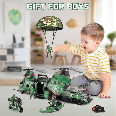 Set Playset, deAO Military Helicopter Toys Army Men Army Toys with Army Tank, Soldier Action Figures, Motorcycle