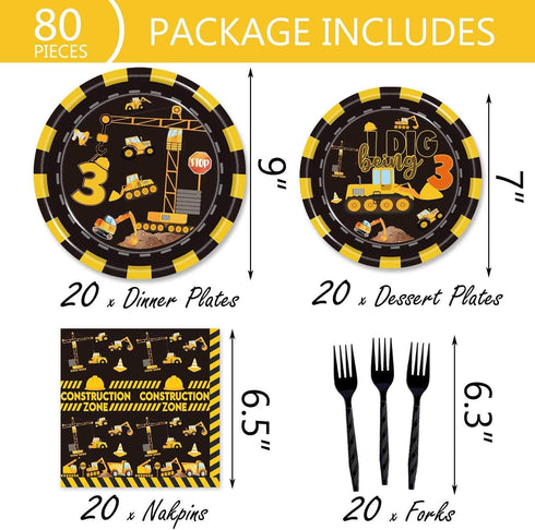 LetDec 132 3rd Pcs Construction Birthday Party Supplies Dump Truck Theme Three Tableware Includes Hanging Swirl