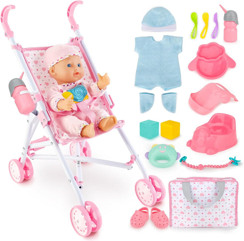 deAO Baby Doll Stroller Set with 13" Doll, 18 PCS Accessories, Foldable Stroller, Kids Play Toys
