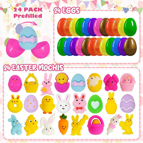EUOCENK 24PCS Prefilled Easter Eggs with Mochi Squishy Toys, Pre-Stuffed Eggs with Easter Squishies for Kids, Toddlers