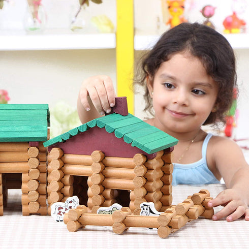 Wondertoys 170 Pieces Wood Logs Set - Classic Building Log Toys for Ages 3+, Creative Engineering Educational Gifts