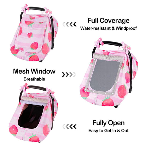 4 FIOBEE Baby Car Seat Cover, Car Seat Covers for Babies Infant Car Seat Canopy with Breathable Mesh Window Waterproof