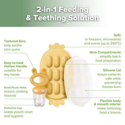 Haakaa Baby Fruit Food Feeder & Silicone Nibble Tray Combo - Breastmilk Popsicle Mold for Baby Cooling Relief, BPA Free