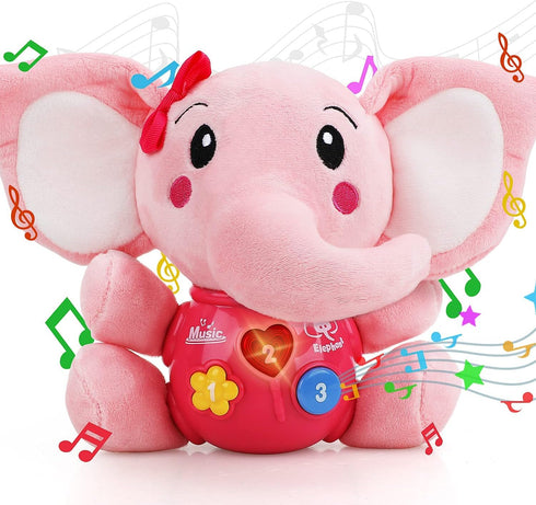 STEAM Life Musical Toys Gift for Baby Newborn 0-6 Month Infant, Plush Elephant in Pink