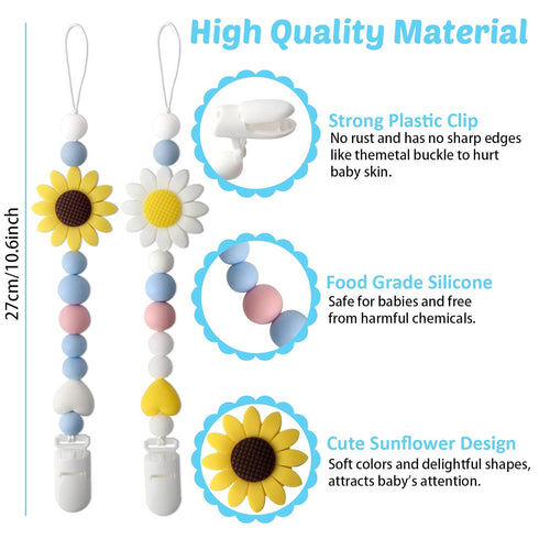 LSTRAGY 2 Pack Silicone Pacifier Clip, Pacifier Holder for Boys and Girls, Adorable Sunflower Pacifier Clips Fits