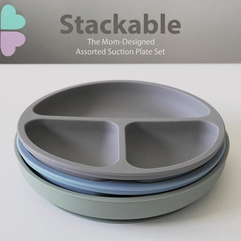 Suction Plates for Babies & Toddlers - 100% Food-Grade Silicone, Baby Led Weaning Supplies, 3 Pack
