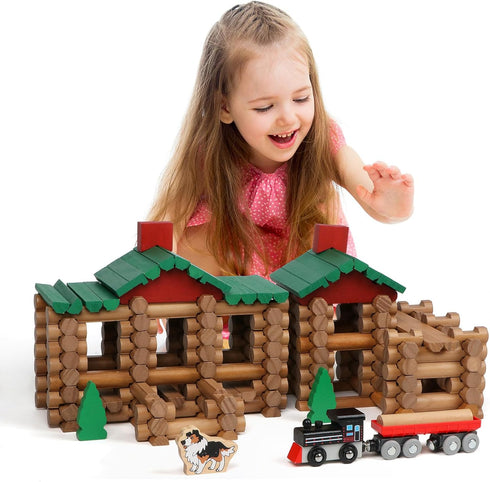 Wondertoys 208 Pcs Classic Wooden Log Set, Real Wood Building Logs for Ages 3+, Retro Gift Set for Boys