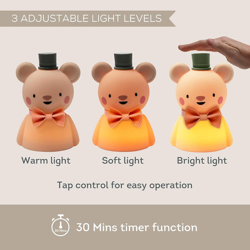 30-Min 3-Level Dimmable Taf Toys Silicone Kids Night Light Adjustable Brightness Levels & Timer Tap Control Baby Night