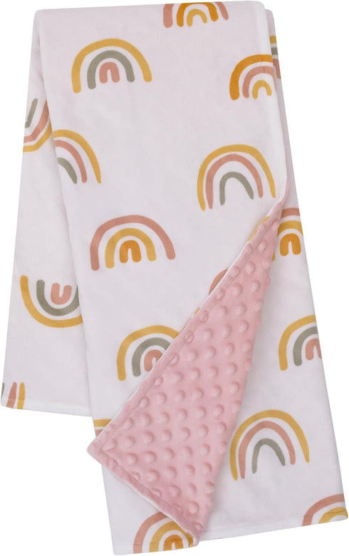 NOJO Little Love Super Soft Baby Blanket, White, Pink, and Gold Rainbow Design