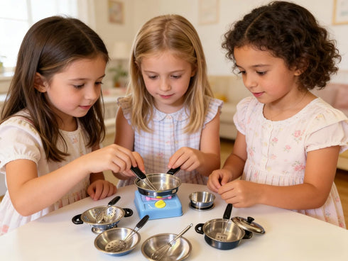 MAGIKON 17-Piece Set Miniature Toy Stainless Steel Pots and Pans , Pretend Play Kitchen Cooking Utensils Toy
